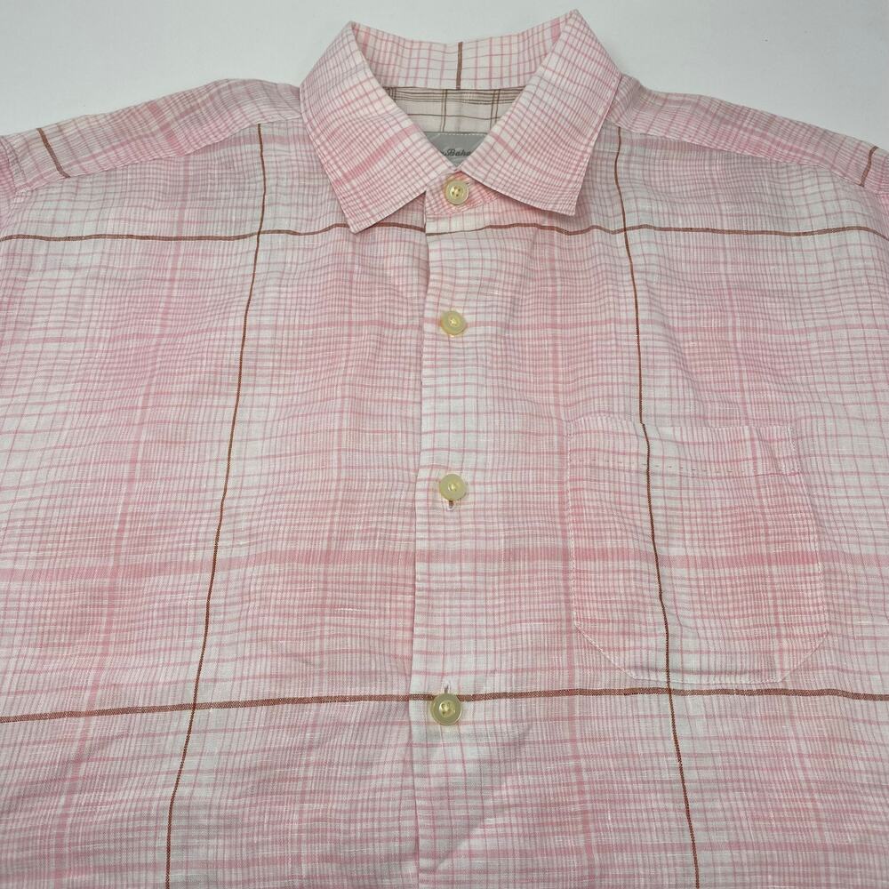 Tommy Bahama Mens Large Pink Plaid 100% Linen Short Sleeve Button Up Shirt